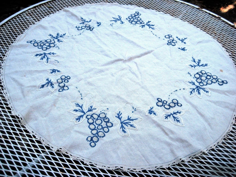 Ivory Round Embroidered Tablecloth Blue White Grapes and Etsy