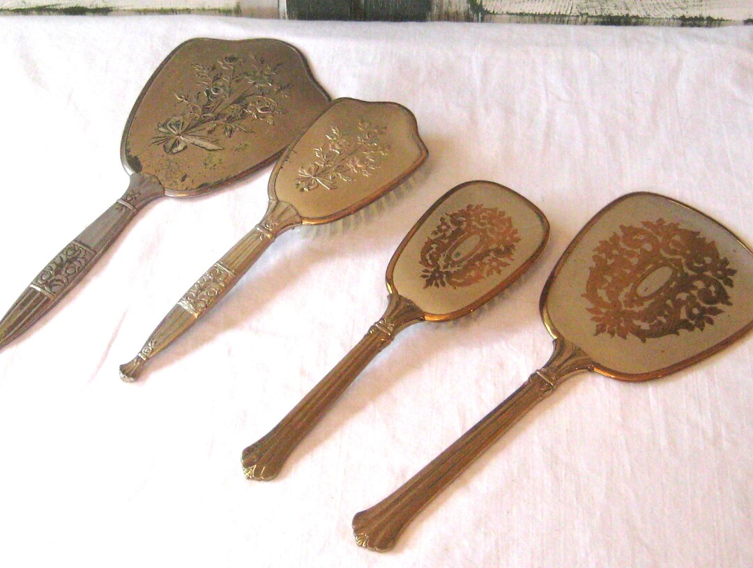 Antique Hand Mirror and Hair Brush Set Gold Silver Tone Etsy