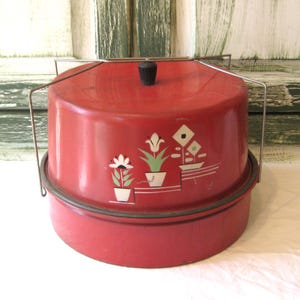 Antieke MCM rode cakedrager, taartdrager met twee compartimenten, metaal gegalvaniseerd aluminium, midden van de eeuw 40s 50s 60s, keukenopslagdecor