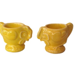 Vintage pair stoneware yellow egg cups, rooster chicken chicks, mid century 30s 40s 50s, Easter farmhouse decor, collectible rustic
