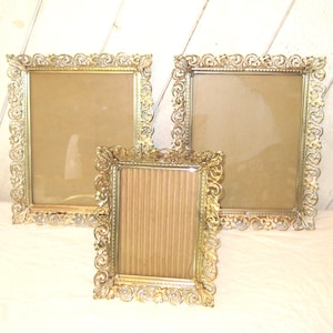Vintage metal picture frames, 8 x 10, 5 x 7, ornate decorative tin metal filigree sides, mid century table top wall portrait school photos