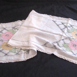 Antique embroidered runner, large flowers pink yellow lavender green black stripes trellis, ivory beige, crochet edge, mid century handmade