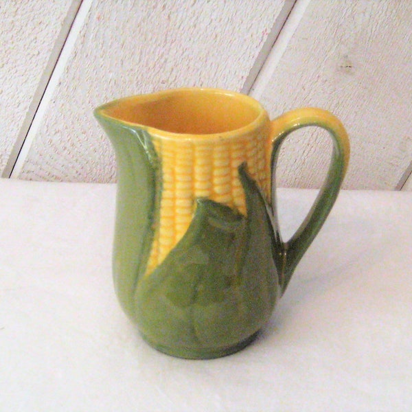 Vintage corn king creamer, Shawnee pottery, mustard yellow, sage green, corn pattern, mid century, 40s 50s, made in USA pottery, farmhouse