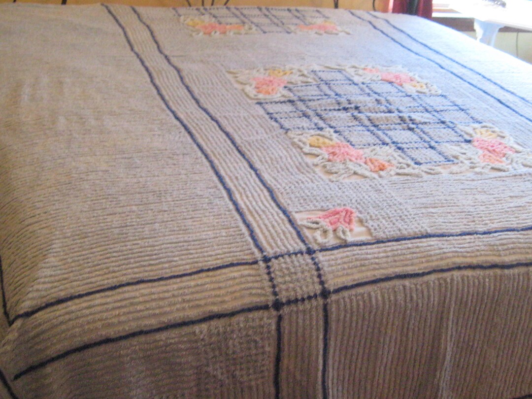 Antique Chenille Bedspread, Light Blue Cobalt, Striped Pink Yellow