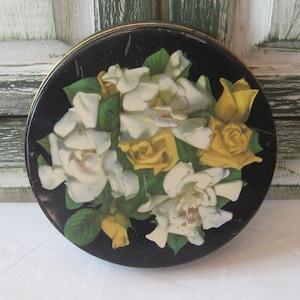 Antique round tin, round black metal lidded box with yellow white roses, floral mid century box, 50s 60s, rustic distressed primitive