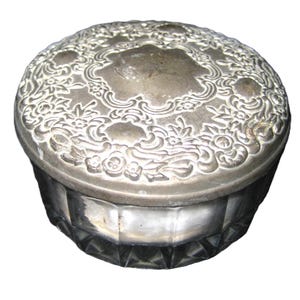 Antique powder box jar, thick clear glass, ornate gray metal lid, with powder puff, mid century 30 40s 50s, decorative bathroom bedroom jar