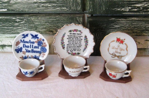 Vintage Tiny Tea Cup Saucer and Plastic Stand I Love You Mom Dad