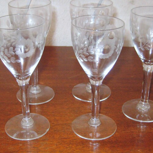 Set of eight etched glass stemmed glasses, cordial glasses, shot glasses, wine glasses, vintage barware, mid century, 1960s order