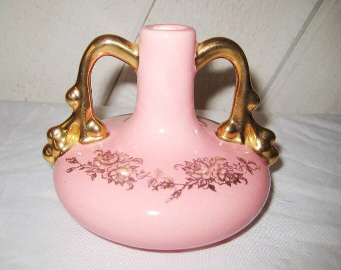 Small Pink Bud Vase With Gold Handles, Vintage Bud Vase, Decorative