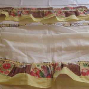 Vintage cafe kitchen curtains, sheer ivory, yellow red brown ruffled valance, pitcher bowl of fruit, 50 x 37&quot;, 60s 70s, farmhouse decor