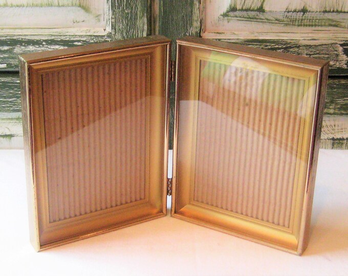 Vintage Folding Table Top Picture Frame, 5 X 7, Brass Gold Metal Hinged