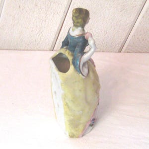 Antique Victorian woman wall pocket, indoor planter wall hanging decor mid century 40s 50s made in Japan teal pink chartreuse long gown lady