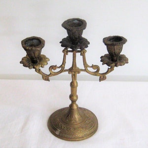 Ornate brass candelabra, heavy metal candlestick holder, holds 3 taper candles, decorative centerpiece, filigree mid century farmhouse decor image 1