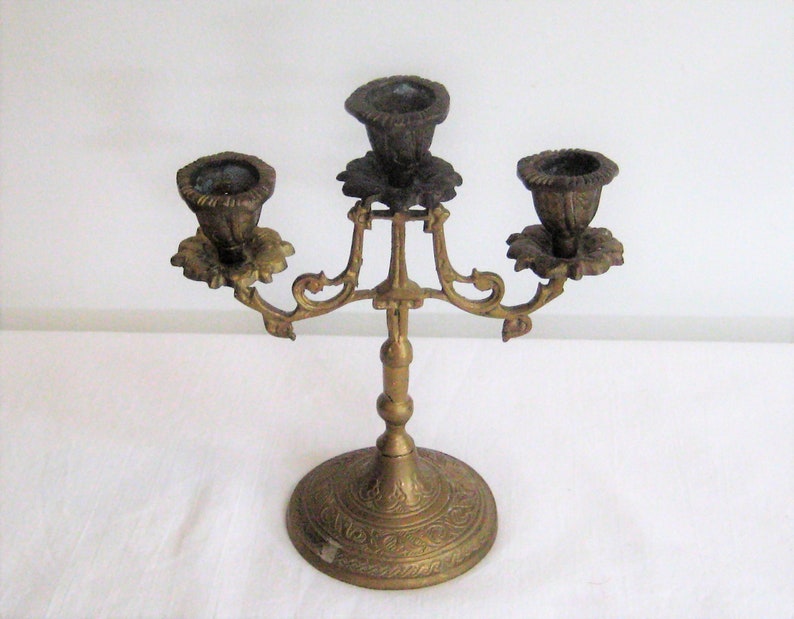 Ornate brass candelabra, heavy metal candlestick holder, holds 3 taper candles, decorative centerpiece, filigree mid century farmhouse decor image 1