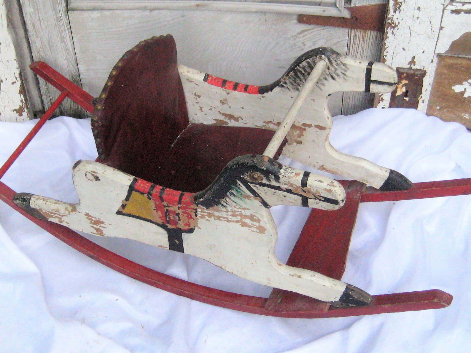 Antique Double Wood Rocking Horse Leather Seat Rocking Horse - Etsy