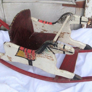 Antique Double Wood Rocking Horse, Leather Seat, Rocking Horse With ...