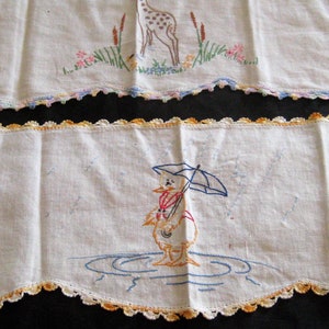 Pair of embroidered white runners, baby animals, duck deer, nursery toddler rooms decor, vinatge hand done, crochet trim, mid century 1950s