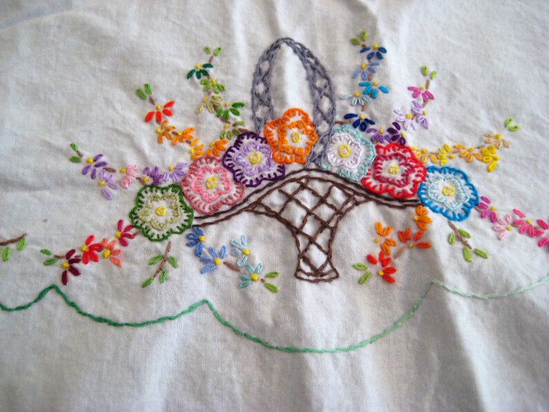 Vintage White Embroidered Runner Flowers and Baskets Etsy