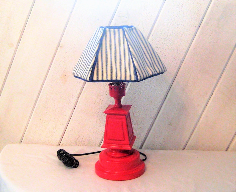 nautical beach decor vintage ticking fabric Red light hose lamp OOAK blue white striped lamp shade mid century upcycled vintage lamp