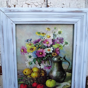 Vintage still life print of flowers, fruit, and pitcher, signed, white distressed wood frame, rustic farmhouse wall hanging, shabby cottage
