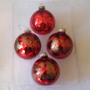 Vintage boxed glass Christmas ornaments, red gold, Christmas by Krebs, filigree mother Mary baby Jesus, made in USA, large size 2.75"