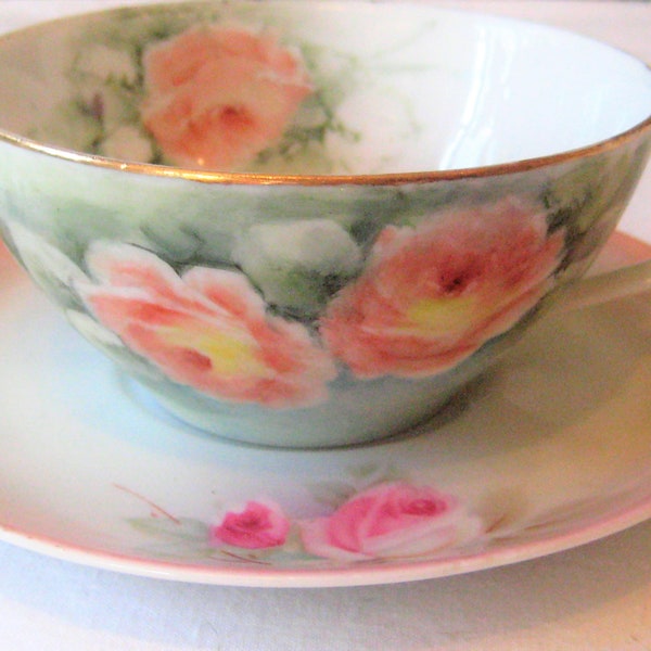 Antique tea cup miss matched saucer, Kaysons fine China, mint green peach roses, floral flowers, pink roses, Tillowitz, mid century 50s 60s