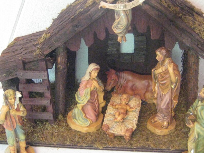 Vintage Large Nativity Set, Wood Manger Plastic Figurines, Box Set