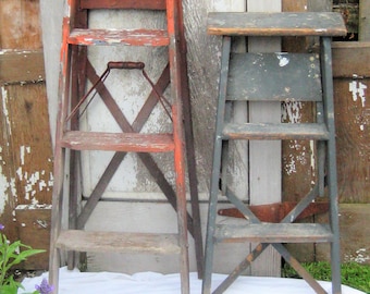 Antique tall wood ladders, gray red orange, 3 and 4 foot rustic ladders plant stand, distressed chippy paint prims shabby farmhouse decor