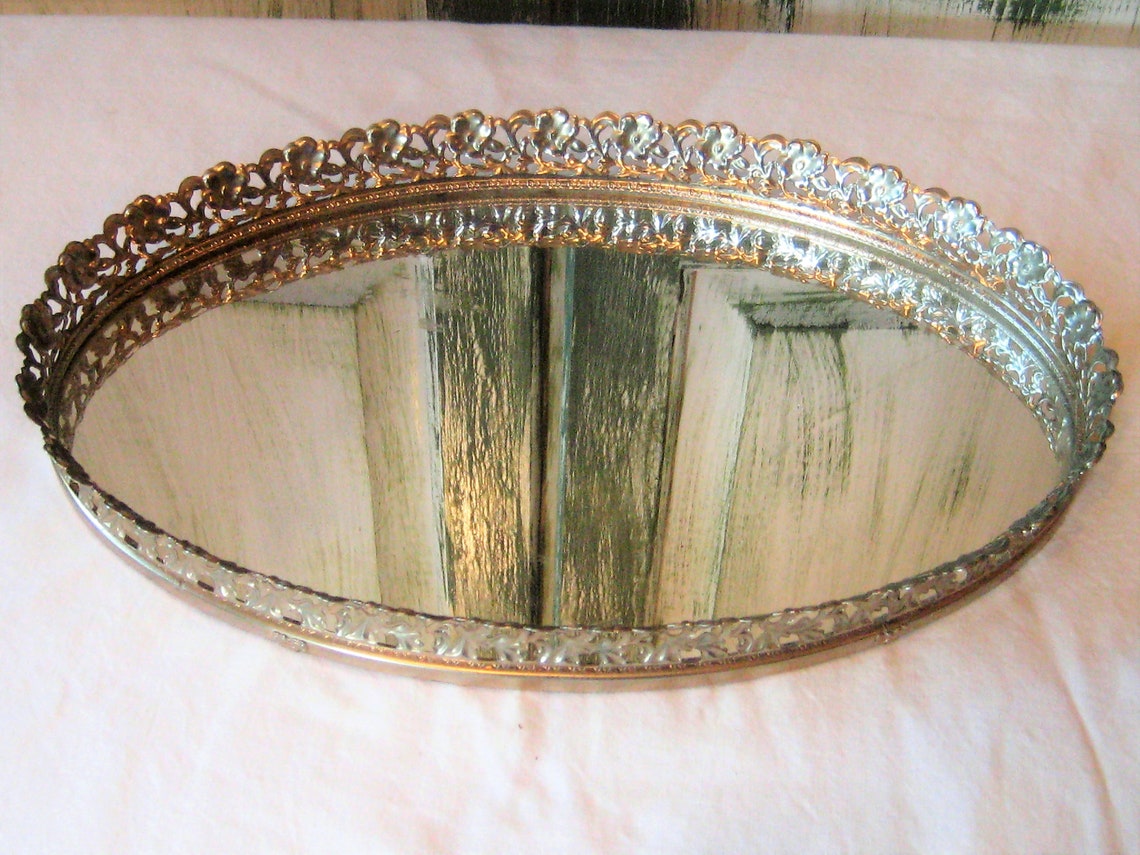 Vintage Oval Mirror Tray Brass Filigree Ornate Tray Vanity Etsy