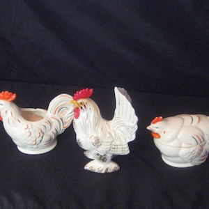 Antique ceramic rooster figurines, indoor planter chicken lidded bowl, collection of three 3, white orange black gold, mid century 50s 60s