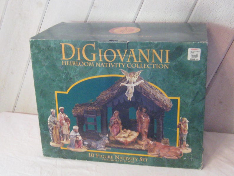 Vintage Large Nativity Set, Wood Manger Plastic Figurines, Box Set