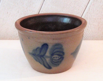 Vintage handmade clay indoor planter, hand thrown, 1990s, brown cobalt blue petite planter pot, rare unusual unique farmhouse decor OOAK