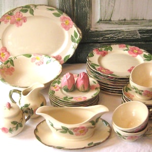 ONLY CUP SAUCERS left, Antique Franciscan Desert Rose dinner plates, teacups saucers, creamer sugar gravy boat salt pepper, mid century