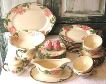 Antique Franciscan Desert Rose dinner plates, platter serving bowl, teacups saucers, creamer sugar gravy boat salt pepper, mid century USA