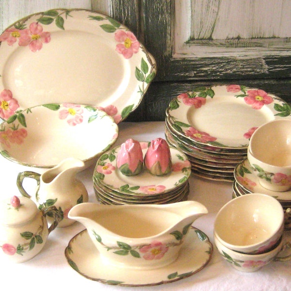 Antique Franciscan Desert Rose dinner plates, platter serving bowl, teacups saucers, creamer sugar gravy boat salt pepper, mid century USA