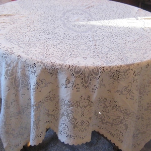 Vintage Quaker Lace tafelkleed, ivoorbeige rechthoek tafelkleed, midcentury 50s 60s, katoen, 60 x 88&quot;, 6-persoons boerderijdecor