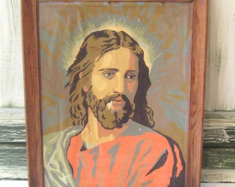 Peinture vintage par numéros, peinture du Christ, peinture à l'huile de Jésus, tenture murale encadrée religieuse, 12 x 16 pouces, cadre en bois rustique du milieu du siècle
