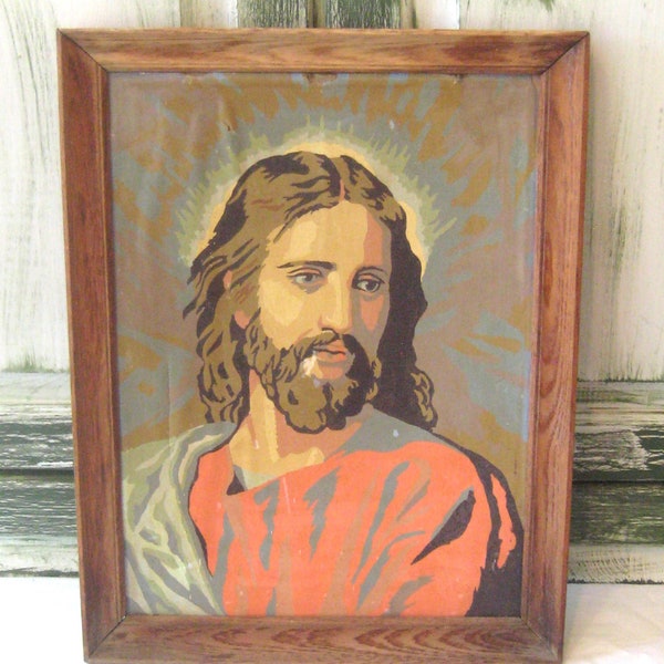 Vintage paint by numbers painting of Christ, oil painting of Jesus, religious framed wall hanging, 12 x 16", mid century rustic wood frame