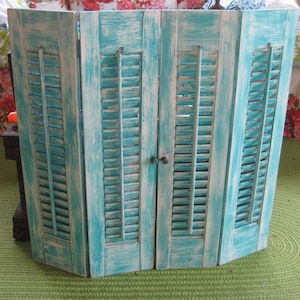 Vintage wood louvered shutters, rustic distressed, custom painted, painted to order, pink ivory white, aqua blue olive green gray black