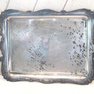Antique large ornate silverplate tray, rectangle double handles silver metal tray filigree, drink food serving rustic Victorian Farmhouse