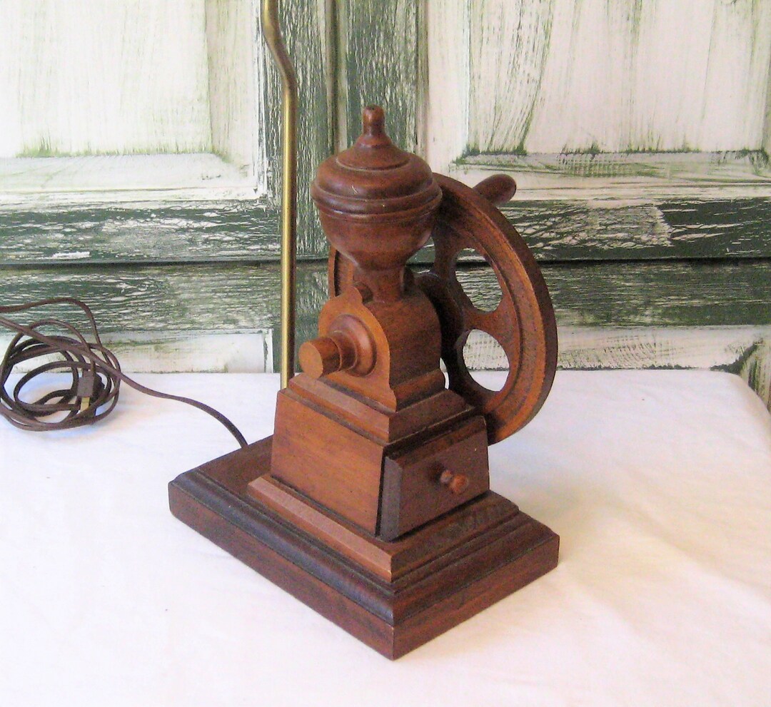 Antique Wood Coffee Grinder Lamp, Large Rotating Wheel, Unique Brown
