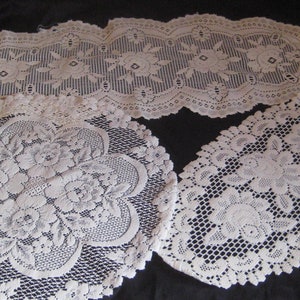 Vintage collection of lace runners doily, ivory beige large flowers roses, round oval, mid century 60s 70s, lot of 3, farmhouse decor