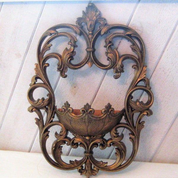 Vintage wall pocket indoor planter, gold plastic filigree, ornate decorative, Burwood Product Company 1970s, made in USA, farmhouse decor