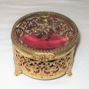 Small round glass brass metal box, hinged lid, ornate filigree gold box, footed box, trinket keepsake ring, mid century 50s 60s gift for her