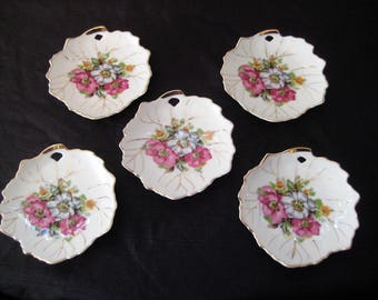 Set of small leaf plates, floral dessert plates, nut sweet plates, hanging display plates, decorative, ornate, fine china, mid century