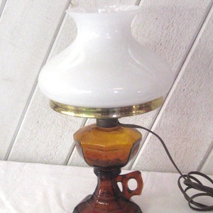 Antique table lamp, vintage amber glass base white milk glass shade globe, hurricane lamp, converted oil lamp, mid century 50s 60s OOAK