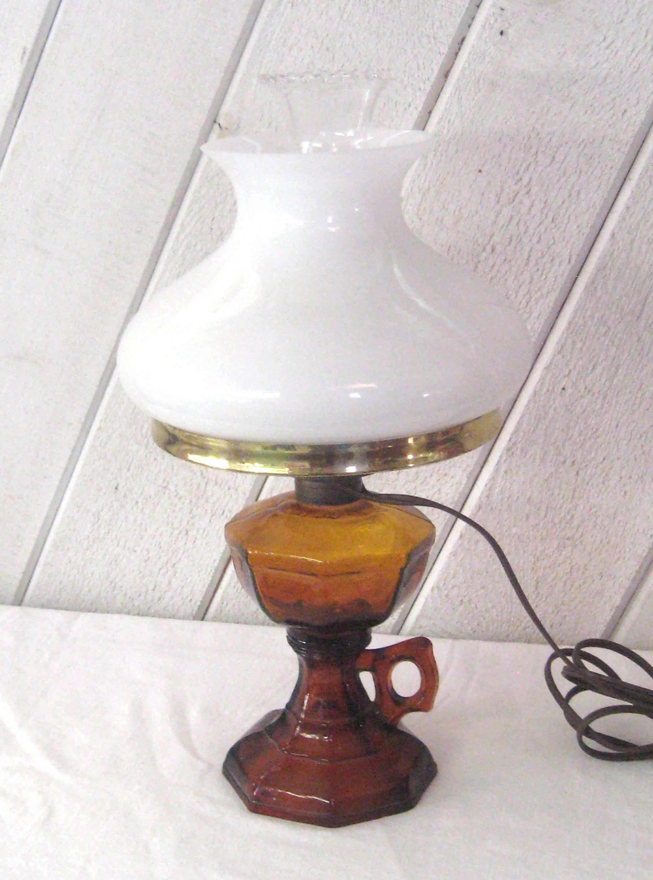 Antique Table Lamp, Vintage Amber Glass Base White Milk