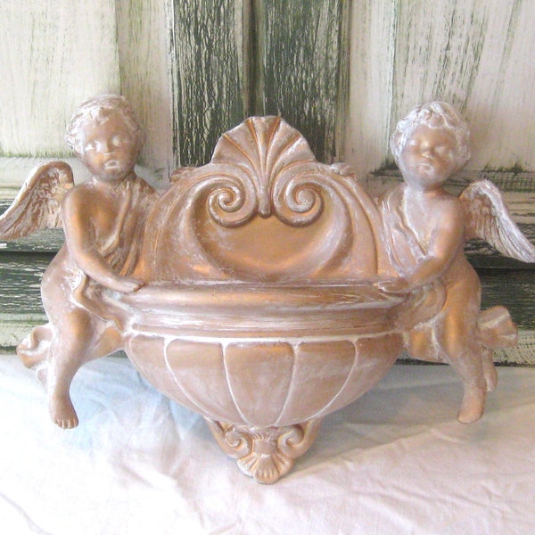 Vintage ceramic wall pocket cherubs, two double baby angels indoor planter, wall hanging decor, gold distressed white hand painted OOAK