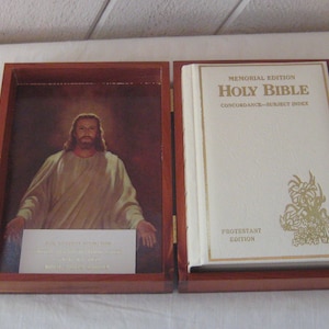 Vintage cedar bible box with white memorial Bible, 1970s, Union sympathy gift, United Transportation Union, Minot North Dakota