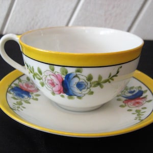 Vintage tea cup, pink, blue flowers, yellow trim, floral teacup, mid century, made in Japan, shabby cottage chic, collectible